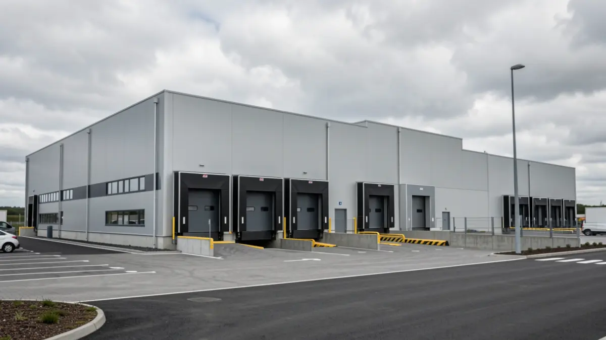 Generic image: Exterior of a modern logistics center in the Basque Country, with large loading docks, under a cloudy sky.