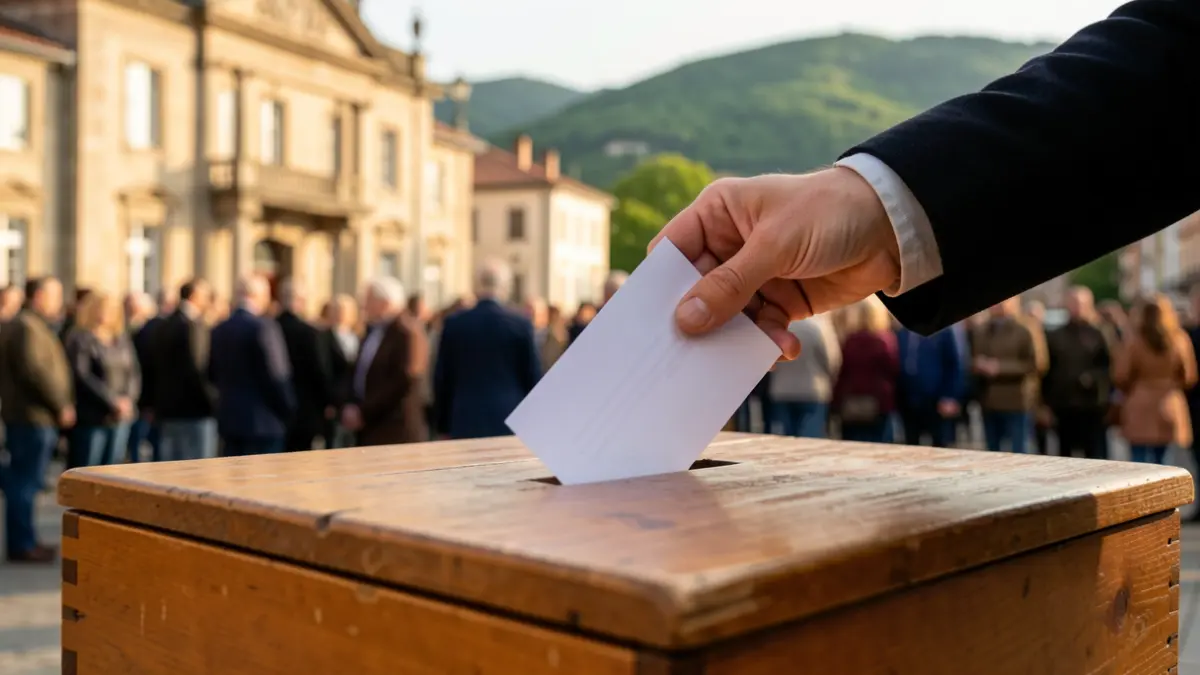 Irudi generikoa: Eskua bozkatzeko kutxan paper bat sartzen, herriko etxearen fatxada eta zelai berdeak atzealdean.