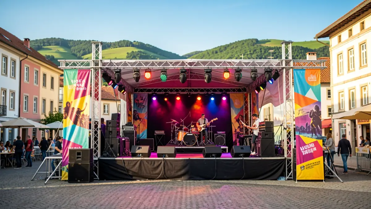 Imagen genérica: Un colorido escenario exterior preparado para un festival de música en una plaza de Euskadi.