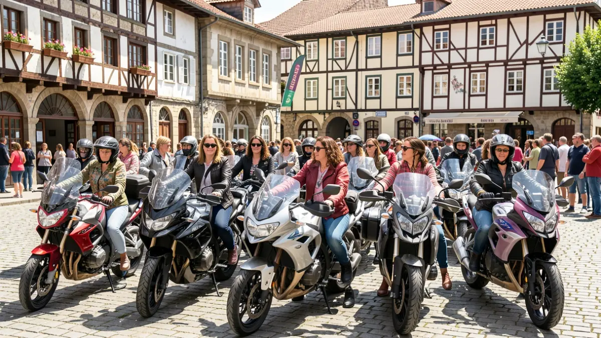 Emakume motordunen talde bat Lemoako plazan elkartuta, Euskal Herriko arkitektura tradizionalaren aurrean.