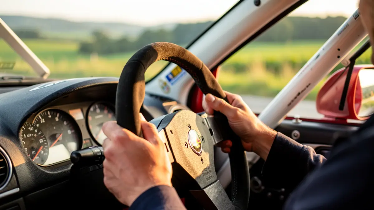 Irudi generikoa: rally auto baten estereoa eta aginte-panela, atzealdean Euskadiko paisaia berdea lausotuta, eguerdiko argi beroa, gidariaren eskuetan fokua.