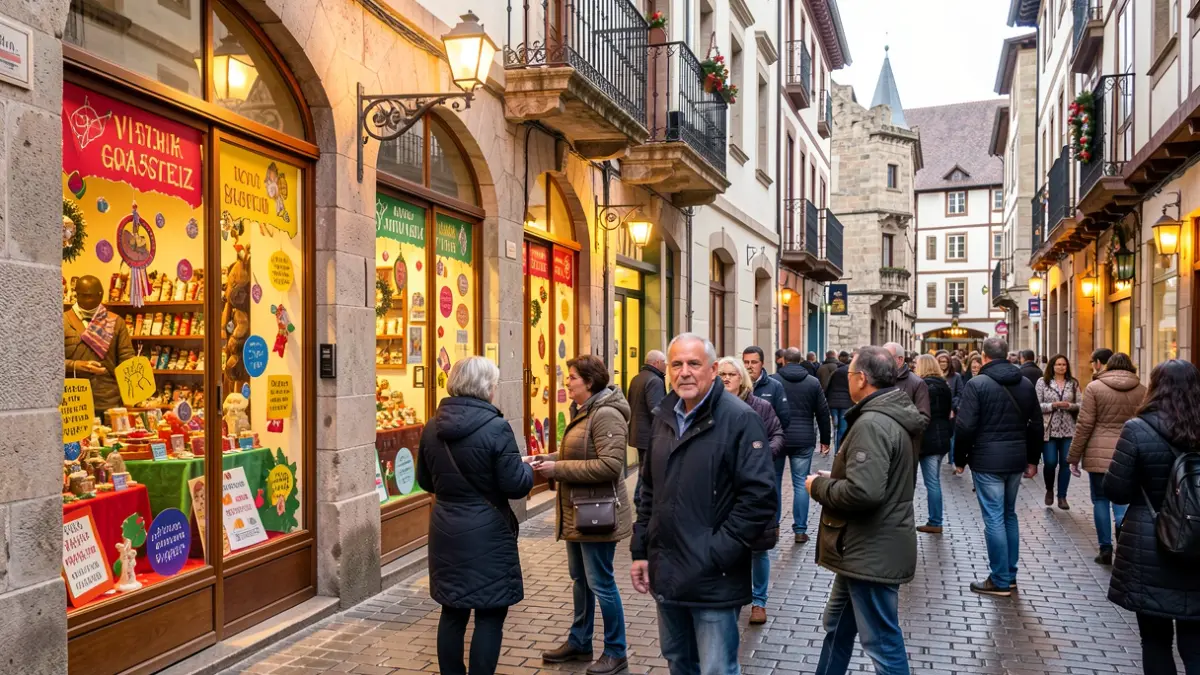 Imagen genérica: Una escena callejera vibrante del Casco Medieval de Vitoria-Gasteiz, con escaparates coloridos.