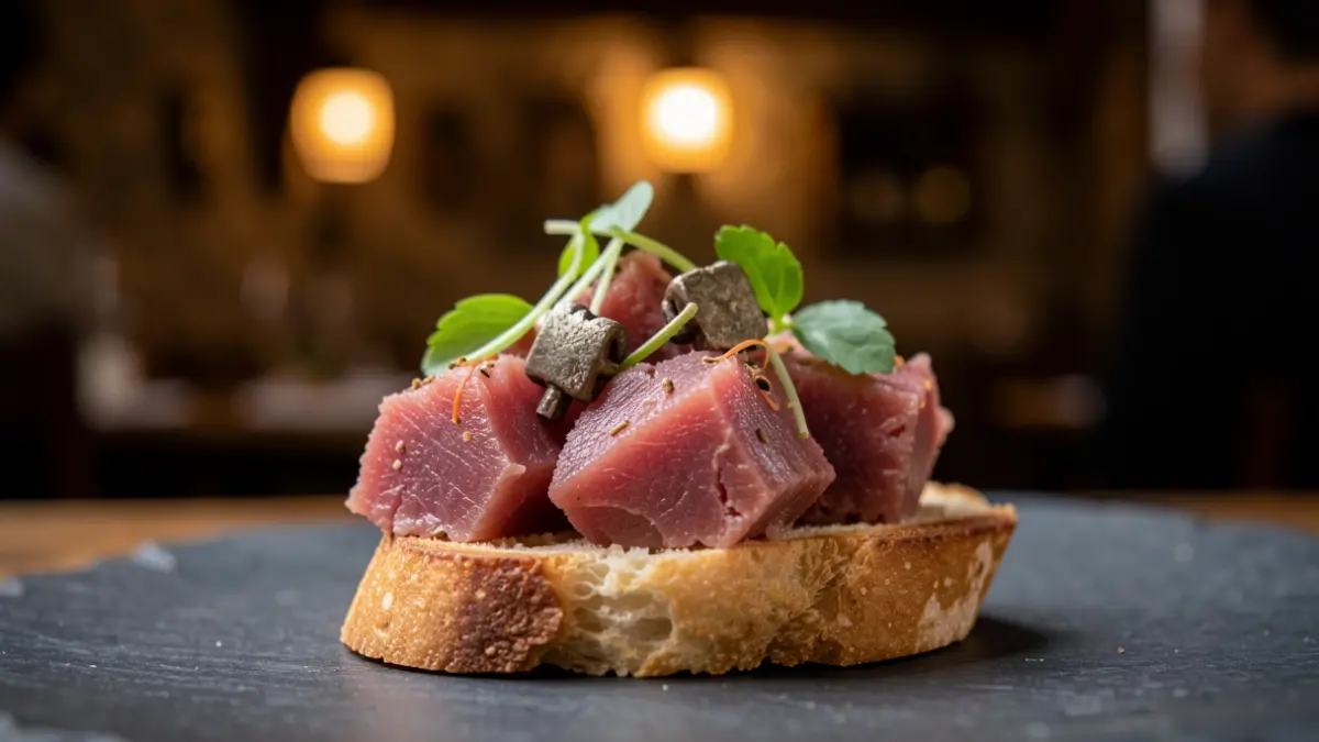 Close-up image of a tuna pintxo, with subtle medieval-inspired garnishes.