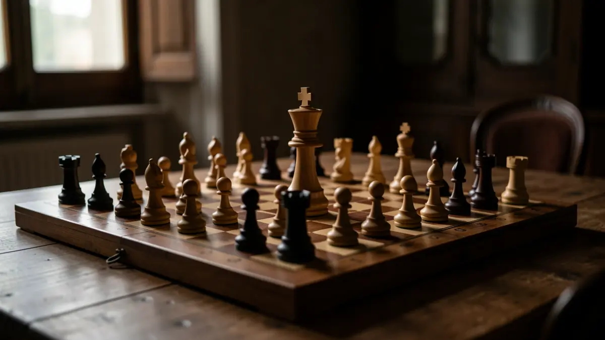 A chessboard in play, with a prominent winning piece.