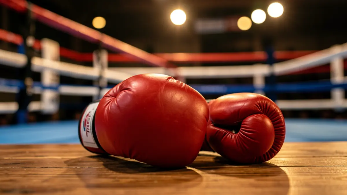 Primer plano de un guante de boxeo sobre una superficie de madera, con las cuerdas del ring y las luces desenfocadas al fondo.