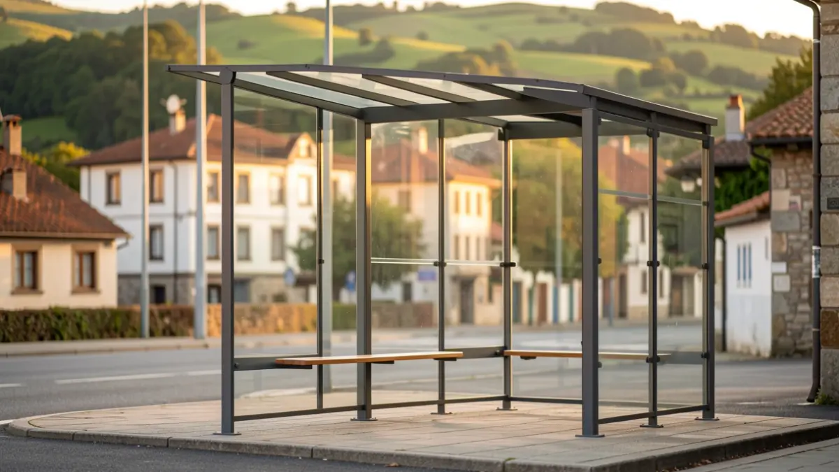 Generic image of a bus stop with Basque architecture and green hills in the background.