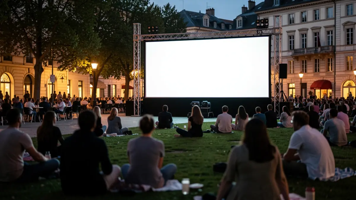 Generic image of an outdoor cinema screen with silhouettes of people in the foreground.