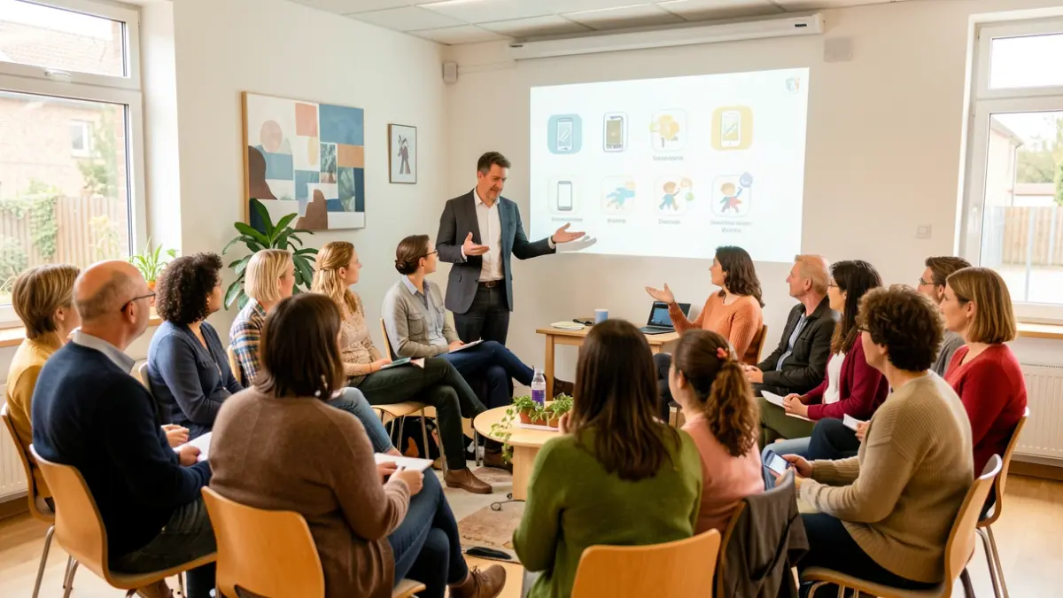 Group of parents and educators gathered discussing mobile phone usage.