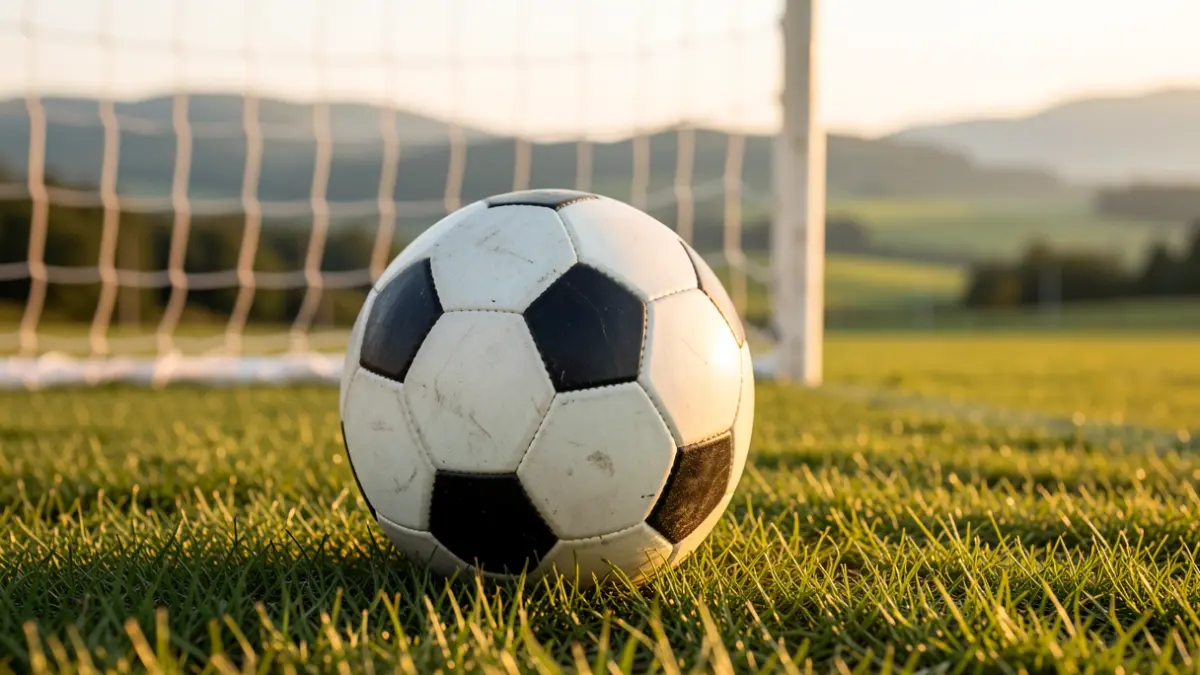 Pelota de fútbol sobre hierba, red borrosa al fondo.