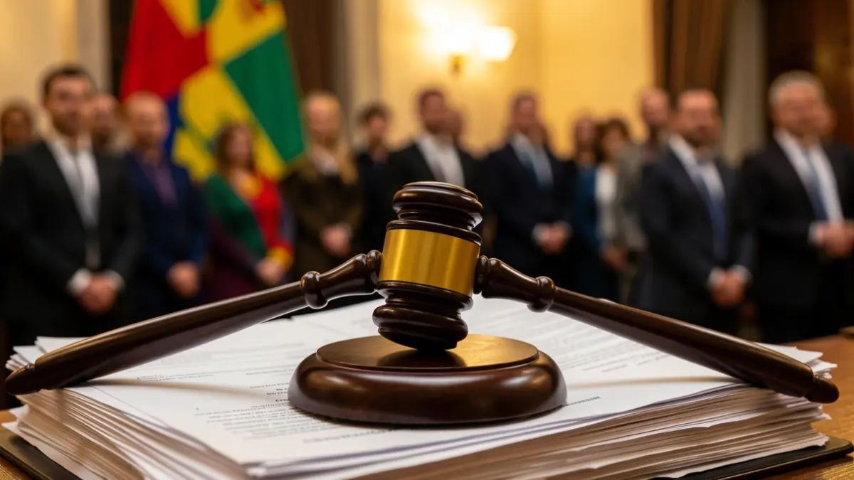 Generic image: Judge's gavel on legal documents, with a blurred Basque flag in the background.