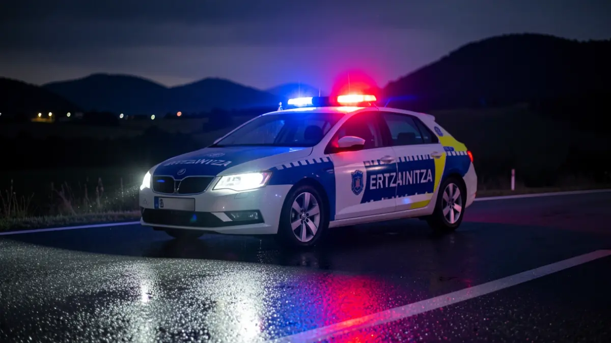 Irudi generikoa: Ertzaintzaren autoaren argi distiratsuak asfalto bustian gauez.