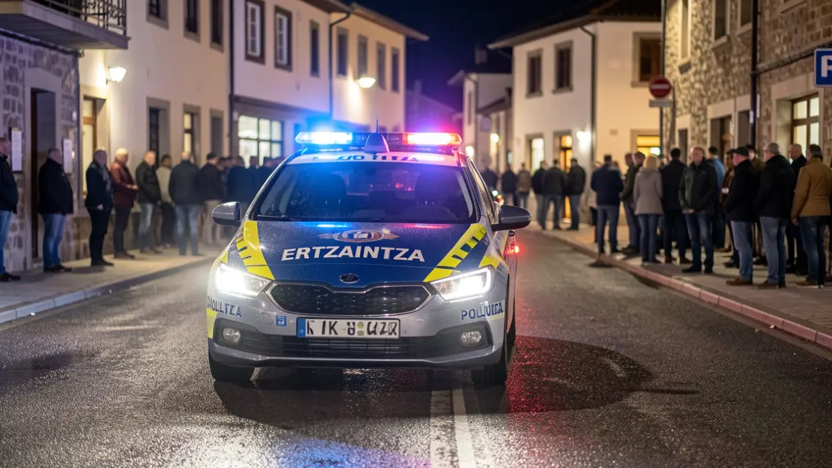 Generic image: Ertzaintza lights reflecting on wet asphalt at night.