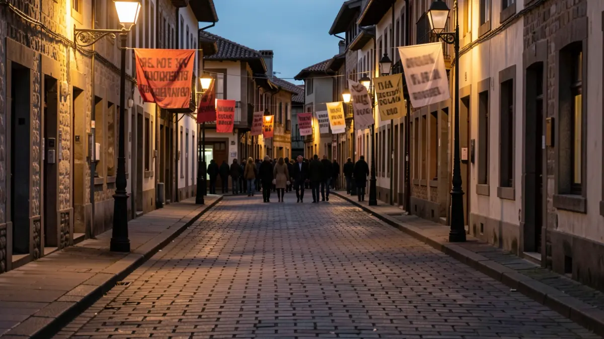 Generic image: Blurred banners hanging on a street in Hernani at dusk.