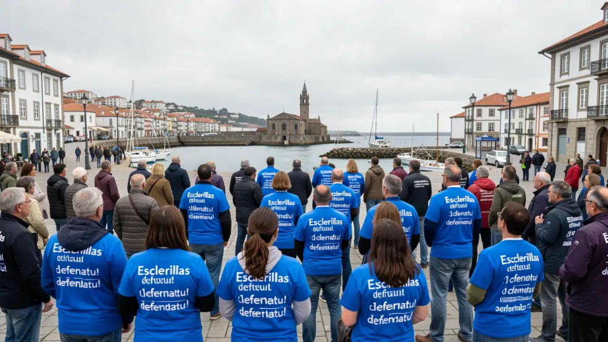 Jendetza urdin jantzita 'Escalerillas defendatu!' leloarekin Pasaiako plaza batean.