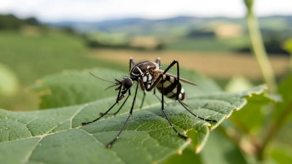 Close-up of a mosquito with black and white stripes on a green leaf.