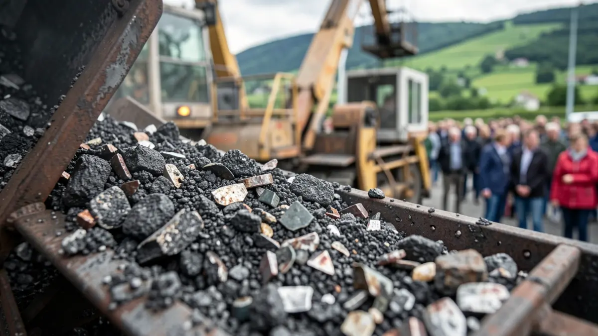 Close-up of industrial incinerator slag being processed, showing granular texture and metallic fragments, with blurred machinery and a hint of Euskadi's green hills in the background.