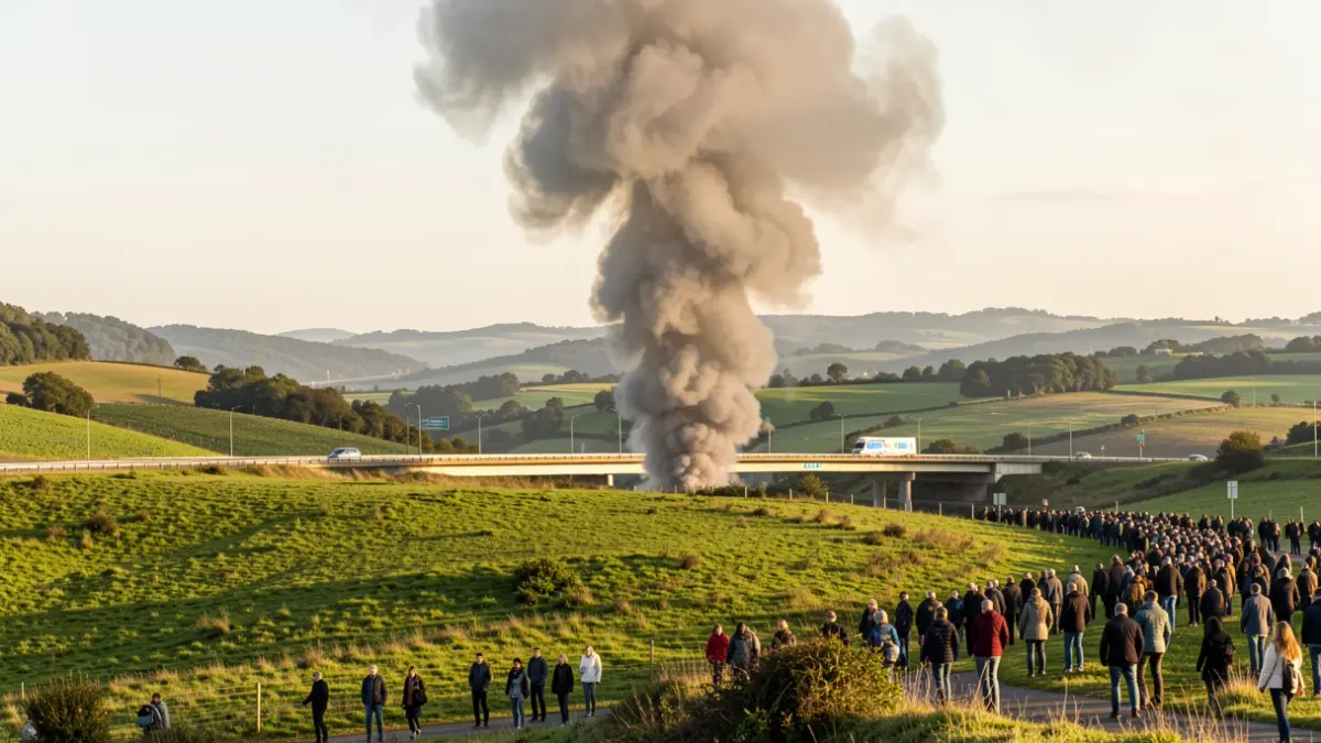 Generic image: Column of grey smoke rising from a green hillside in Eskoriatza, with the AP-1 highway in the distance.