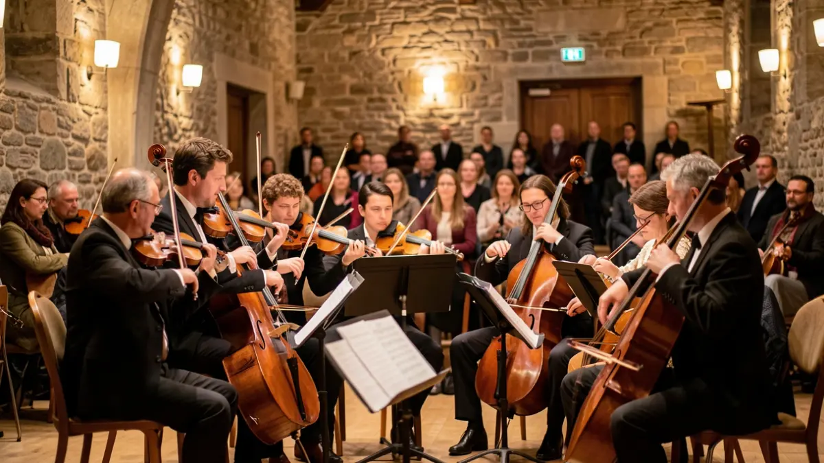 A Basque orchestra performing in a stone hall with warm lighting.