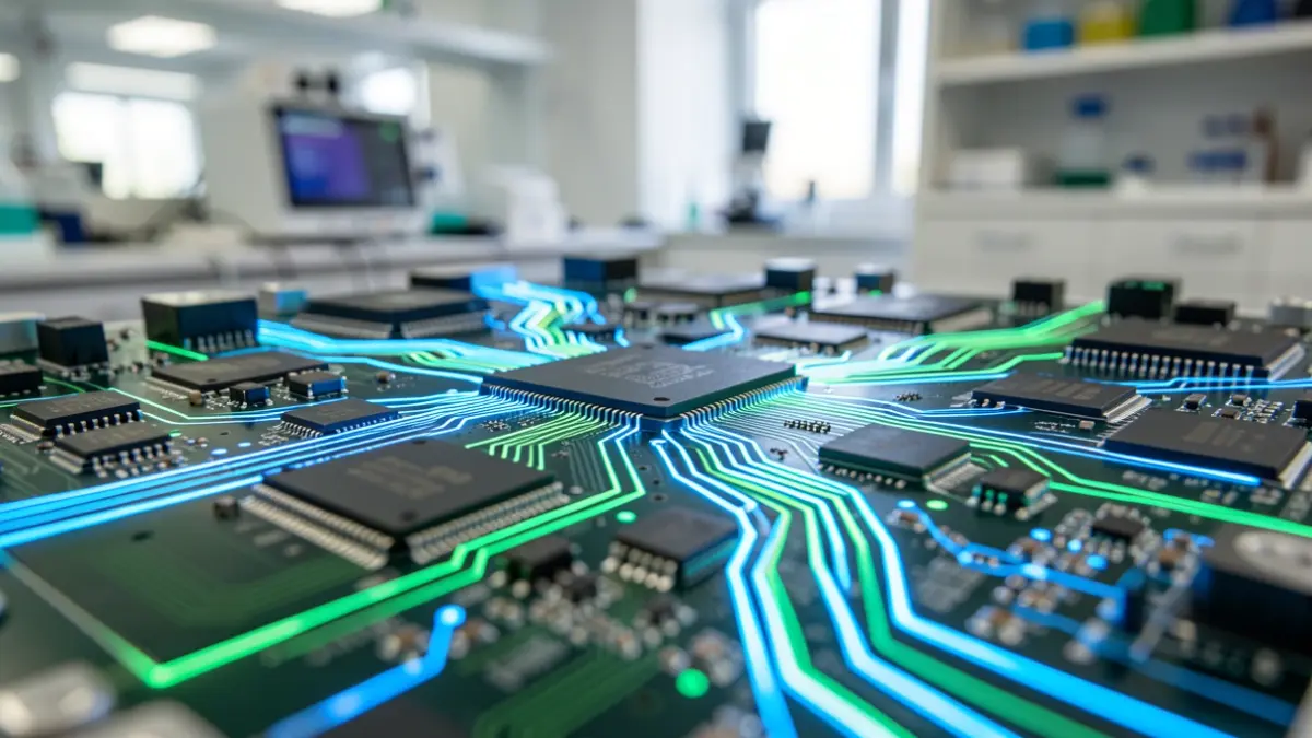 Zirkuitu elektroniko konplexu baten hurbileko irudia, etorkizuneko berrikuntza adierazten duten linea urdin eta berde distiratsuekin.