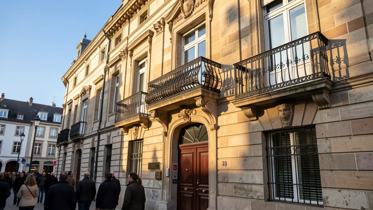 Generic image of a Euskadi town hall's stone facade with balcony and iron railings.