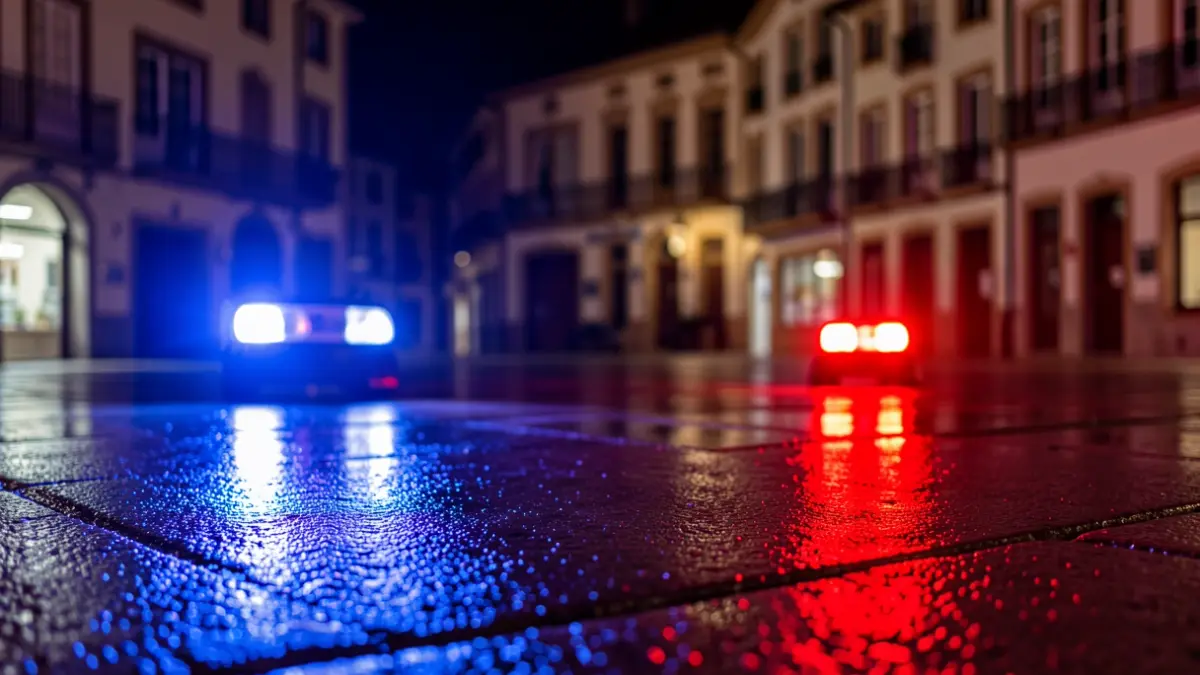 Imagen genérica: Luces de emergencia rojas y azules reflejándose en el asfalto mojado de una plaza de un pueblo vasco por la noche.