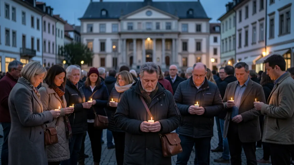 Irudi generikoa: jende talde bat kandela piztu gabe plaza batean, udaletxearen aurrean.