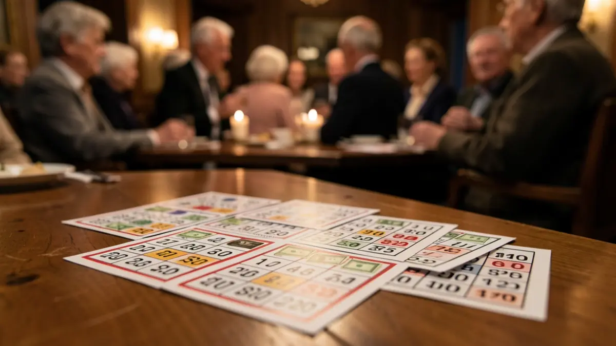Imagen de cerca de tarjetas de bingo con pequeñas cantidades de dinero simbólico sobre una mesa, en un contexto de reunión social para mayores.