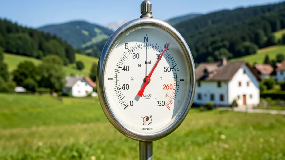 Un termómetro mostrando una temperatura extremadamente alta frente a un paisaje de Euskadi, bajo un sol abrasador.