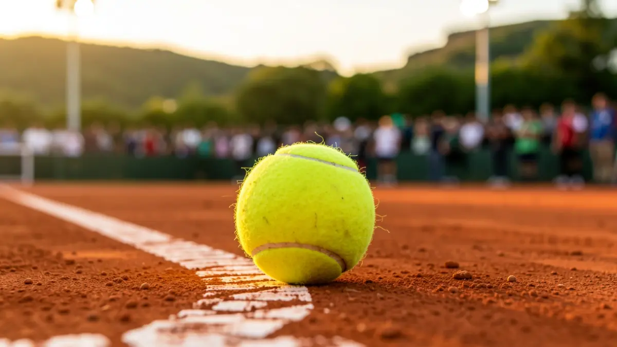 Pelota de tenis sobre tierra batida, con el fondo de hierba verde y luces difuminadas.