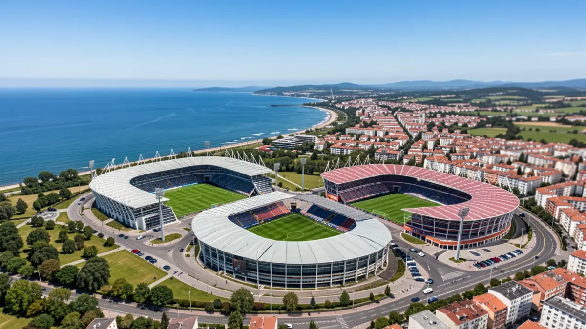 Vista aérea de dos estadios de fútbol, Anoeta y San Mamés, ubicados en paisajes distintos del País Vasco, bajo un cielo azul claro.