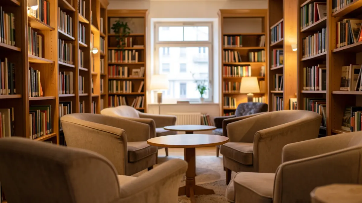 Generic image of a public library interior with comfortable seating and bookshelves, warm ambient lighting.