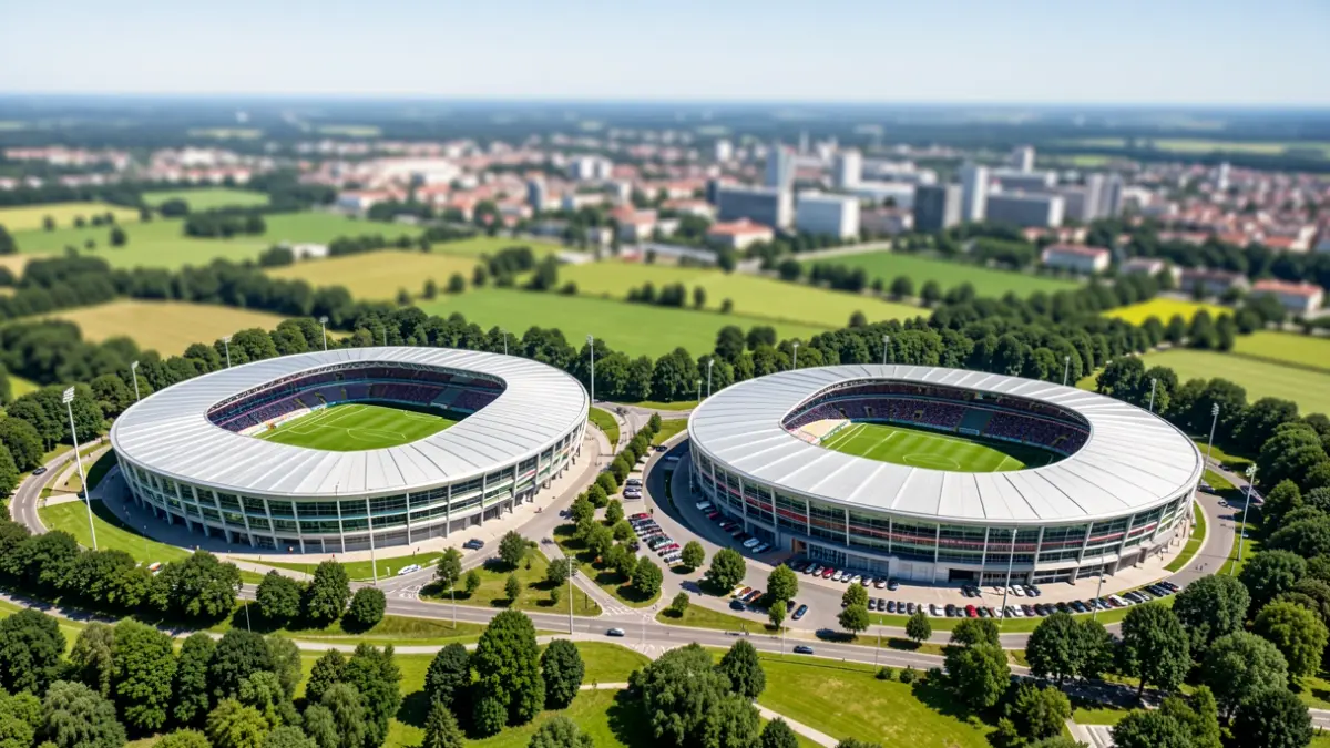 Aerial view of two modern football stadiums, Anoeta and San Mamés, located in a green Euskadi landscape, with a blurred cityscape in the background.