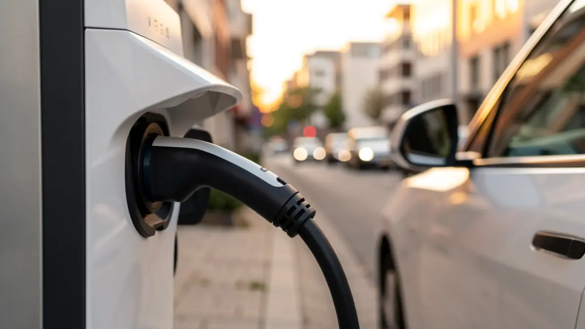 Close-up of an electric car charging cable plugged into a charging station, with a blurred background of a modern urban street in Euskadi, warm evening light.