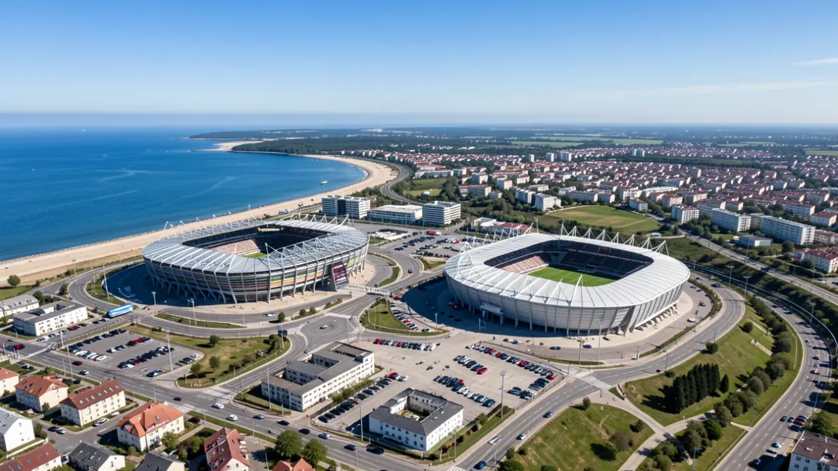 Aerial view of two modern football stadiums, San Mamés and Anoeta, located in distinct Euskadi urban landscapes, one coastal and one inland, under a clear blue sky.