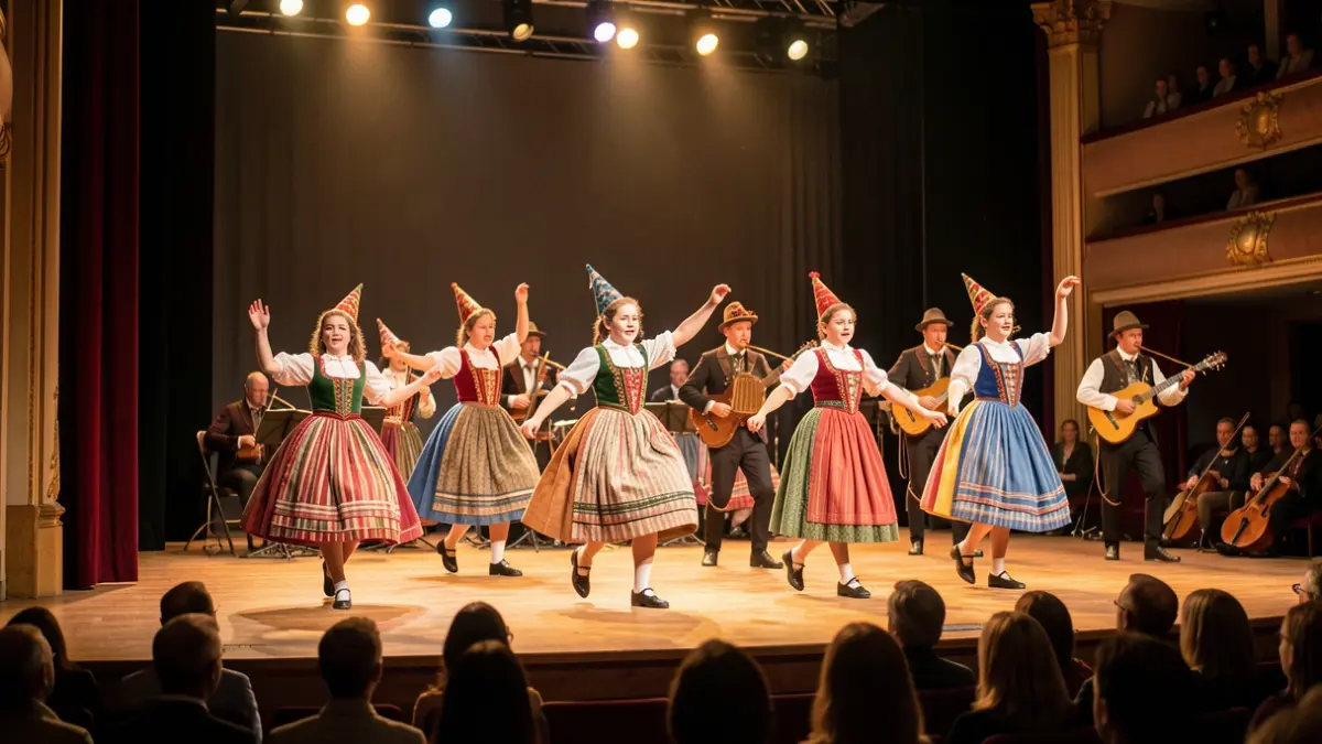 Euskal dantza emanaldi bat antzokian, trikitixa eta txistu musika lagun dutela.