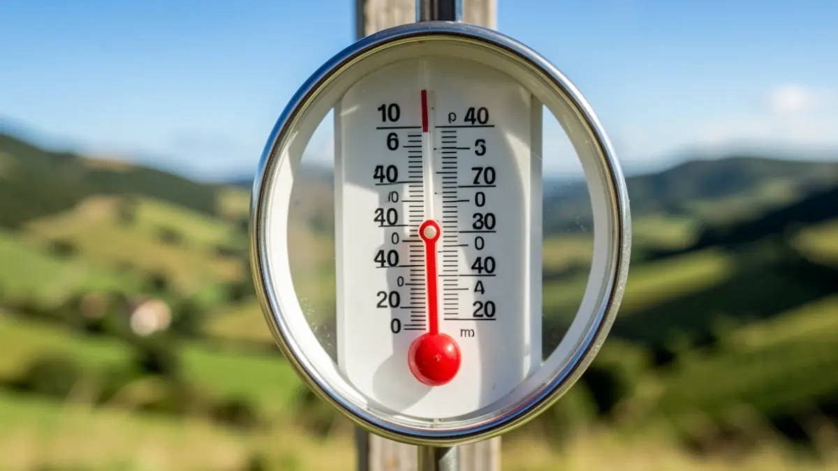 Primer plano de un termómetro que muestra una alta temperatura, con un fondo borroso de colinas verdes y cielo azul típico del País Vasco.