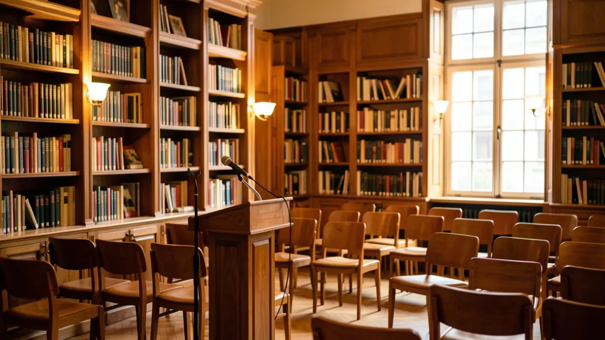 Interior of a library with wooden bookshelves and a cozy reading atmosphere.