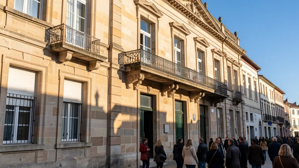 Generic image: Facade of Aretxabaleta town hall with balcony and iron railings, afternoon sun casting shadows.