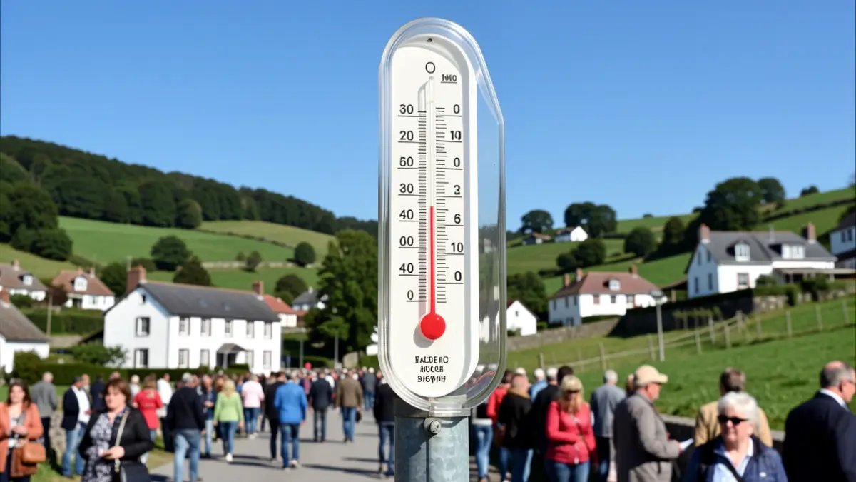 Thermometer showing high temperature against a backdrop of Basque Country landscape with traditional white houses and blue sky.