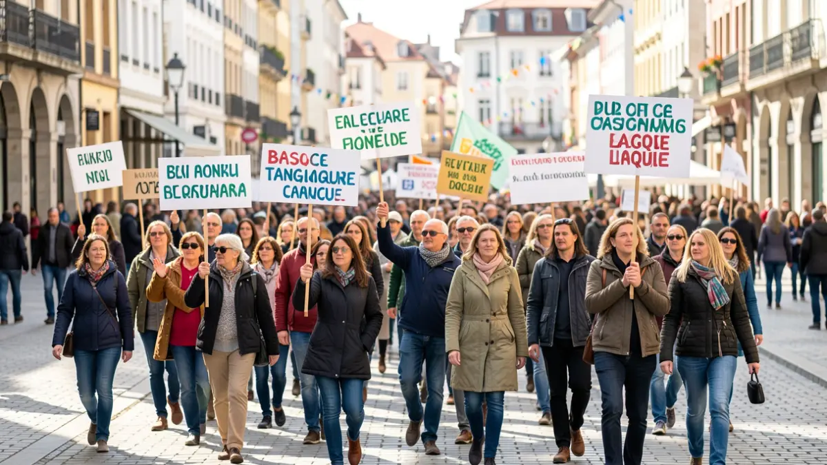 A large demonstration in favor of the Basque language in Pamplona's Plaza del Castillo.