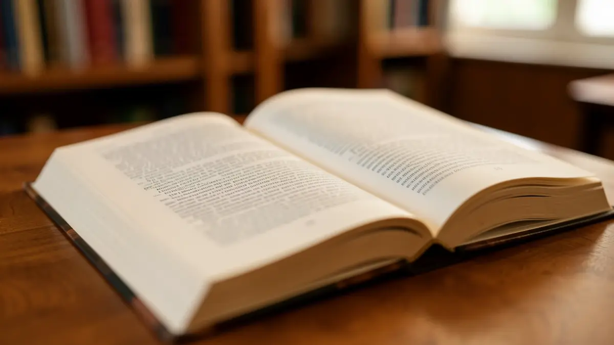 Close-up image of an open book with blurred text, on a wooden desk.