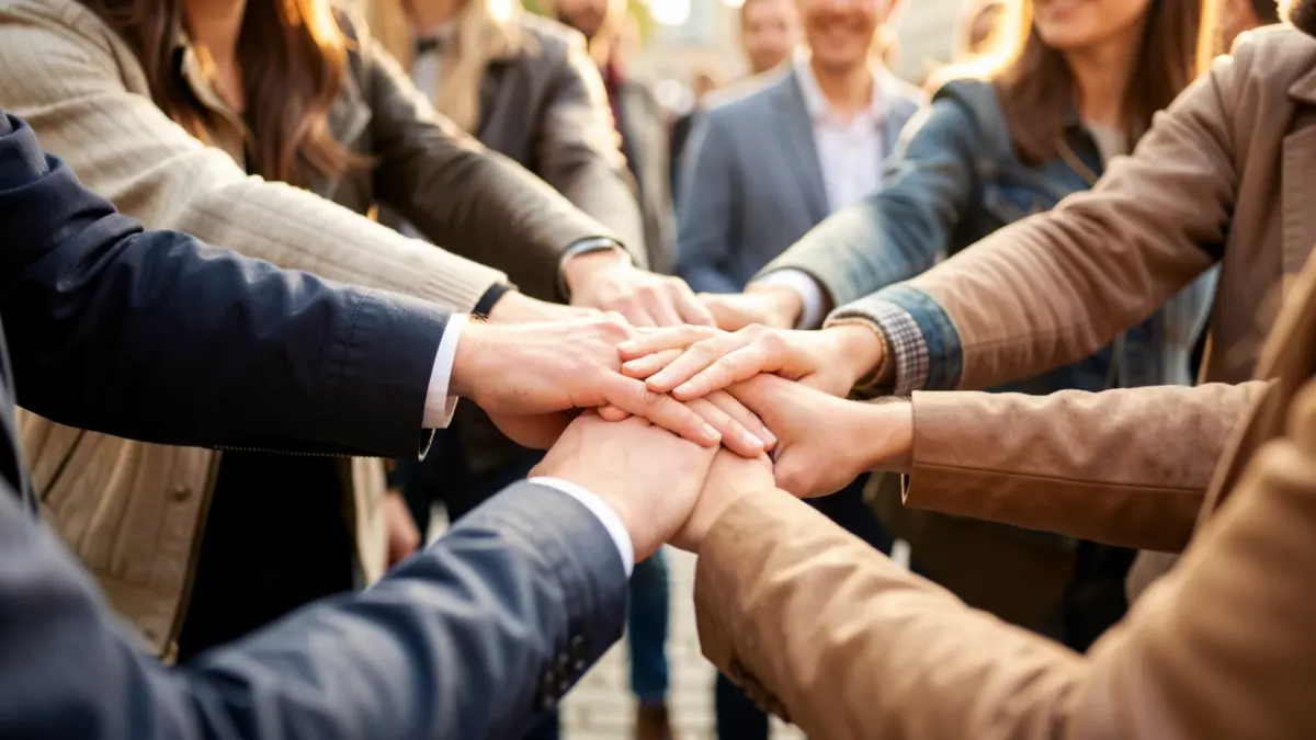 Manos de un grupo de personas unidas en un ambiente inclusivo.