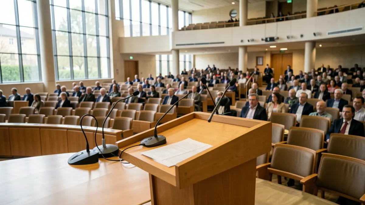 Interior of the Basque Parliament plenary hall, with microphones and empty chairs.