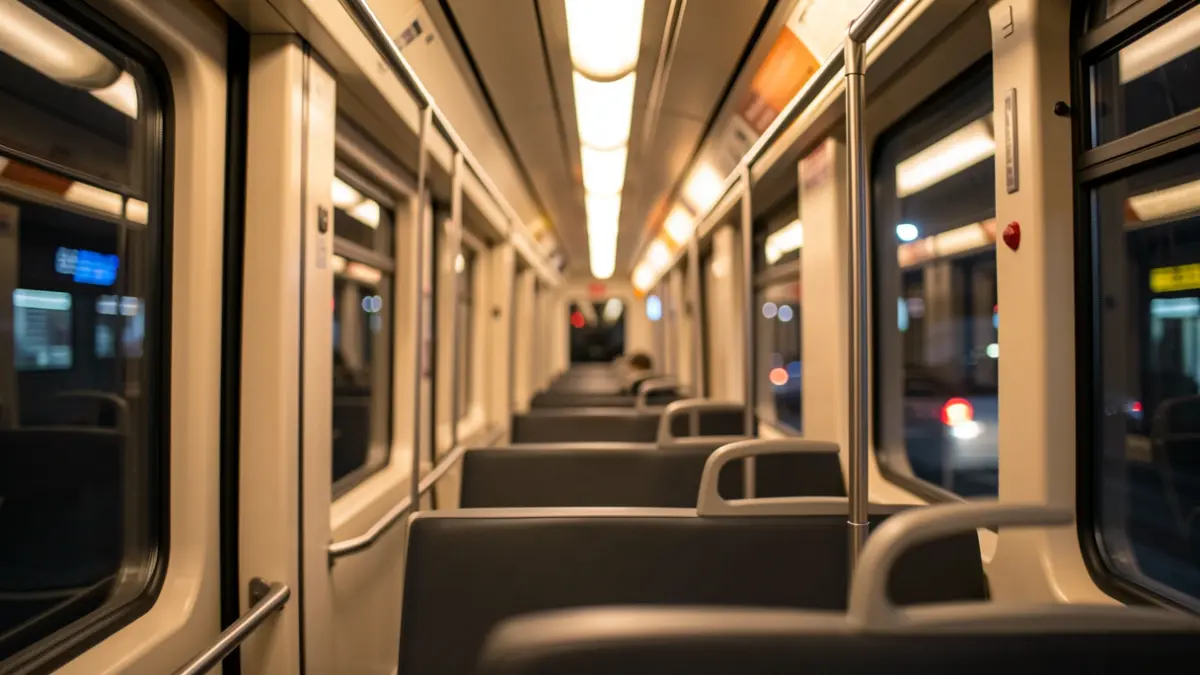 Interior de un tren por la noche, con asientos vacíos y luces difuminadas.