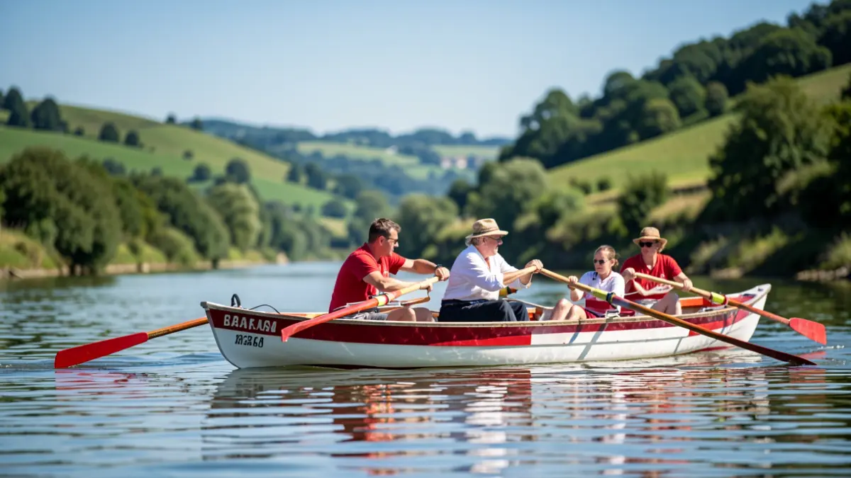 A Liga Euskotren rowing boat on calm waters, with the Basque Country landscape in the background.