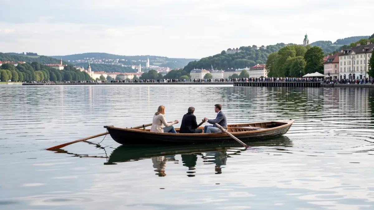 Ur lasaietan arraun ontzi bat, urruneko hirigune bat eta muino berdeak atzealdean.