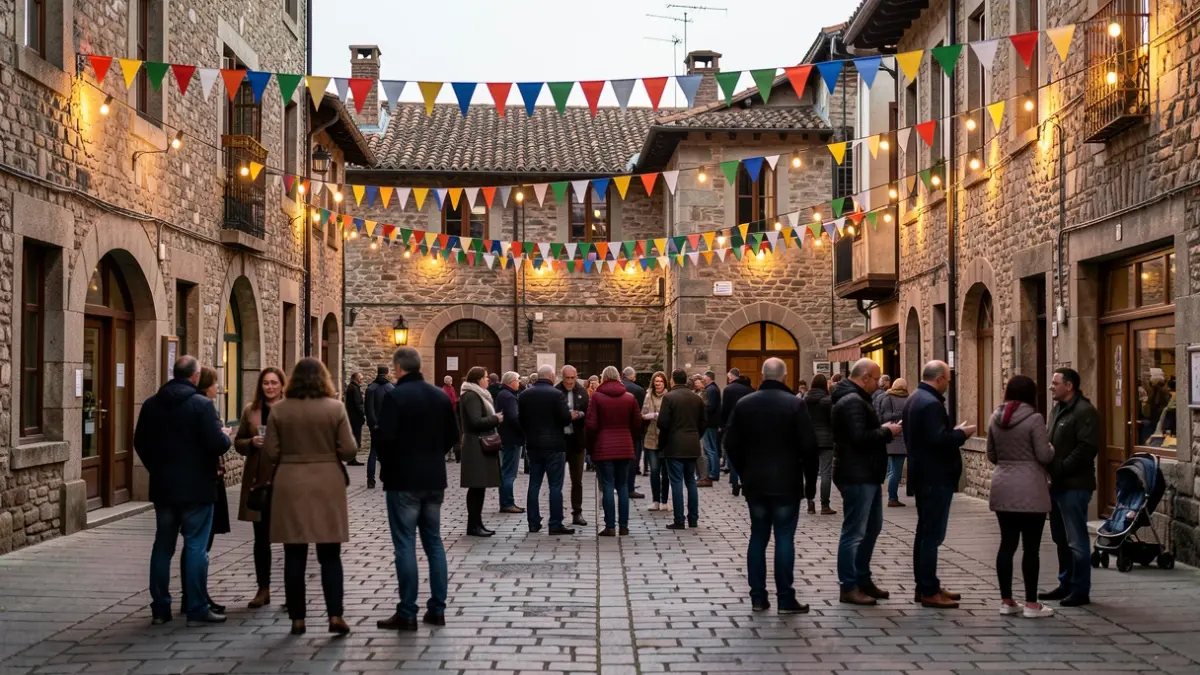 Generic image of a town square decorated for local festivities.