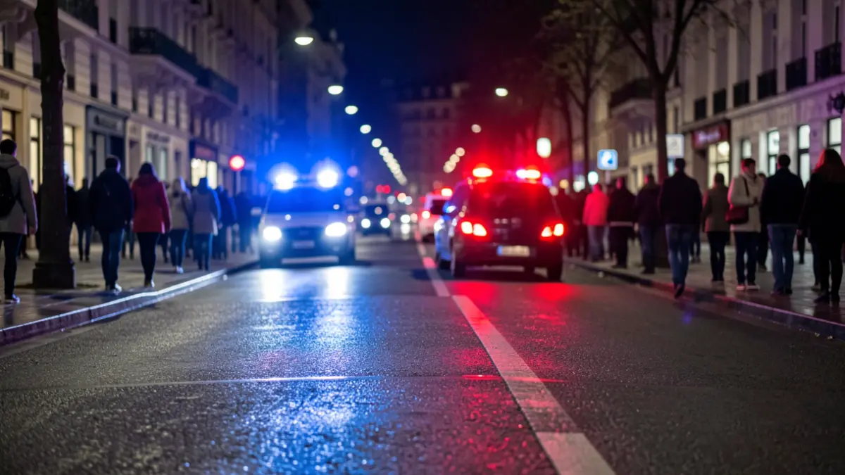 Generic image: red and blue lights on wet asphalt at night.