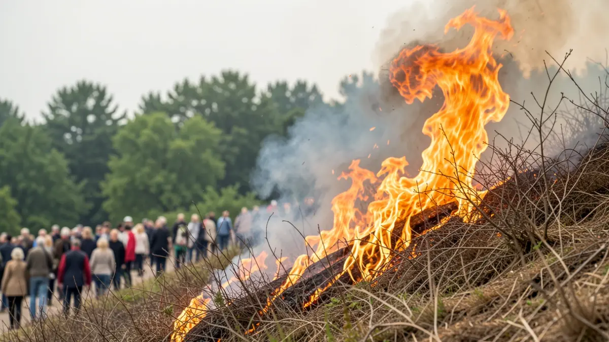 Suaren hurbileko irudia eta kea, lehorreko sastrakaz estalitako muino batetik gora.