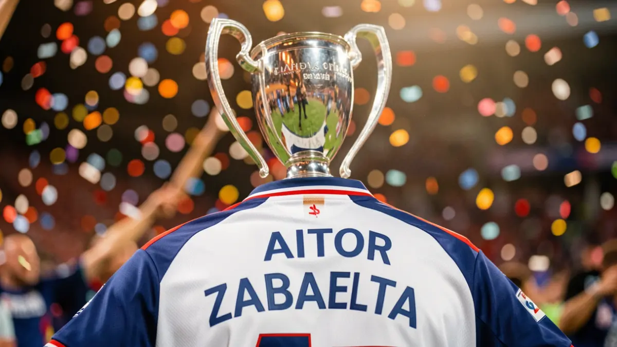 Aitor Zabaleta izena duen elastiko bat, kopa baten gainean jarrita.